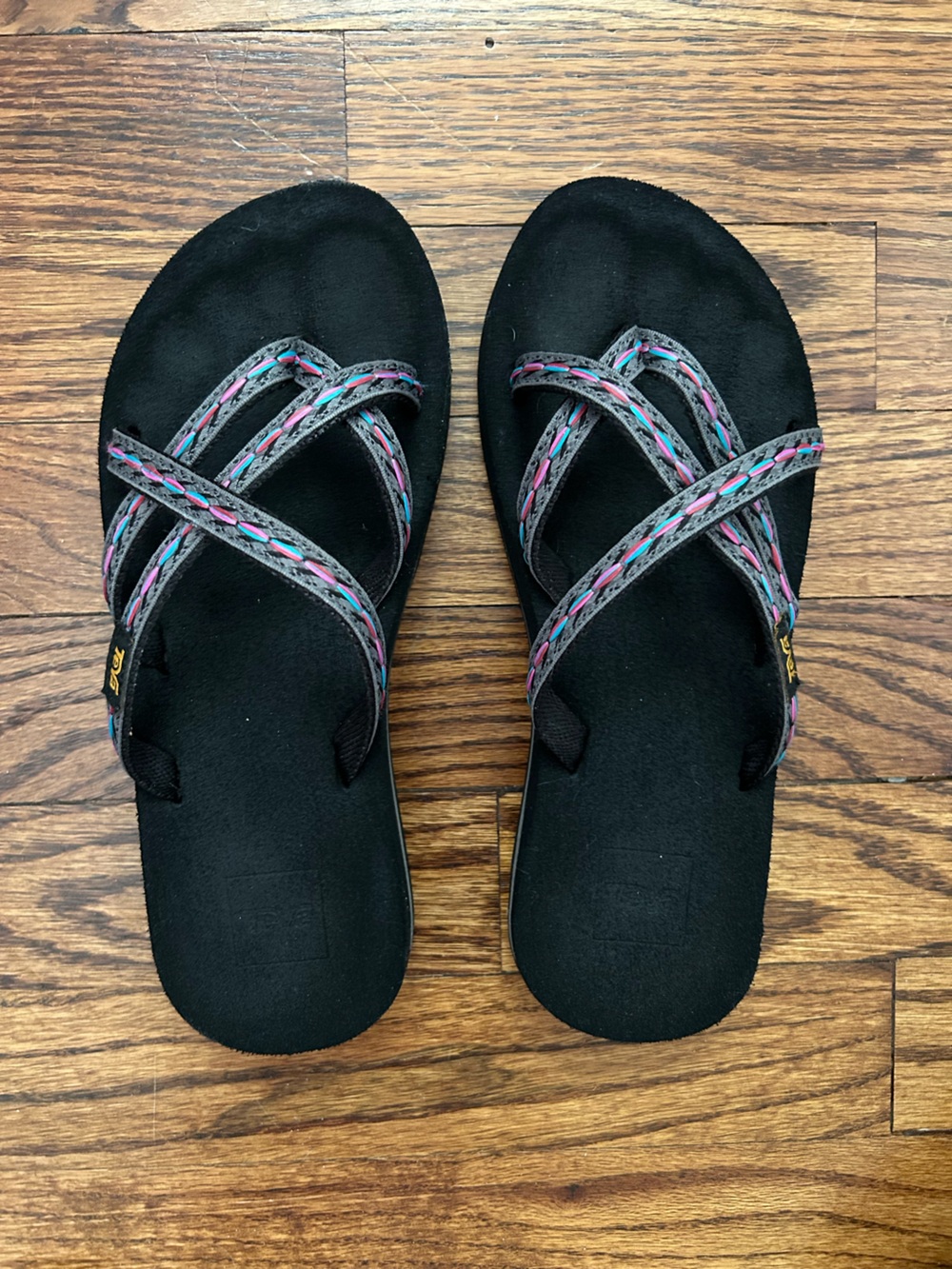 Teva Black Strappy Slide Sandals with Pink & Teal Braided Accents